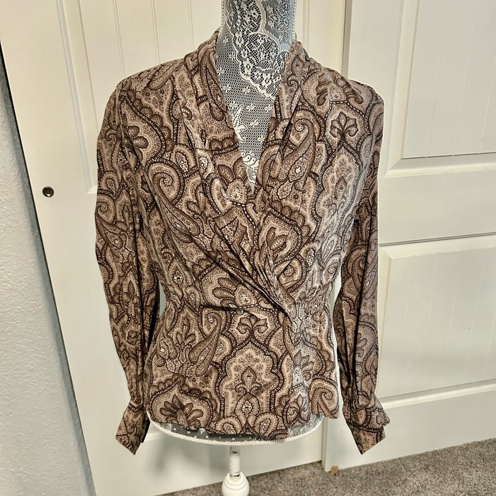 Evan Picone Taupe Paisley Silk Blouse 10